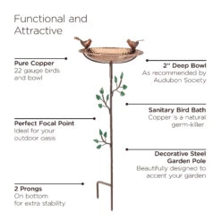 Pure Copper Bird Bath With Two Copper Birds And Tree Multipronged Garden Pole -Nature's Yard Sales Store 8613379 07v